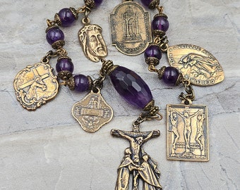 Sorrowful Mysteries Jesus Passion Crucifixion Amethyst Vintage Bronze Chaplet