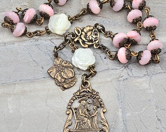 St Anne Anthony Roses Pink Mother of Pearl Vintage Bronze Chaplet