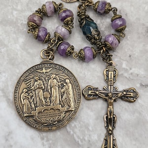 Holy Communion Apatite Amethyst Bronze Antique Style Large Medal Chaplet