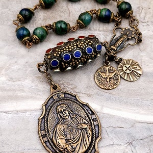 Sacred heart of Jesus Miraculous Mary Chrysocolla Vintage Bronze Large Chaplet