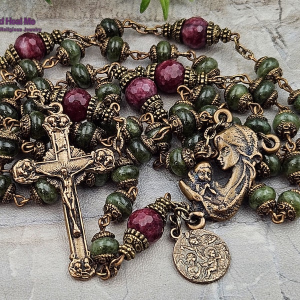 Mother Mary Holy Birth of Jesus Green Jade Vintage Bronze Rosary