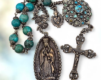 Terço Grande Premium Coração Sagrado de Guadalupe em Bronze - Herança | Turquesa