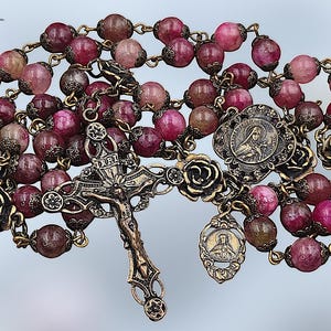 Saint Therese & Sacred Heart Heirloom Rosary | Heritage Bronze|Pink Quartz