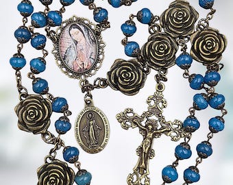 Guadalupe & Miraculous Mary Rosary | Bronze Color | Blue Jade | Italian Medals