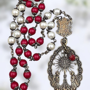 Eucharistic Adoration 33 beads Chaplet | Heritage Bronze| Red &White Pearl Shell