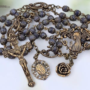 Virgin Mary Lourdes Heirloom Rosary | Bronze | Blue Sapphire