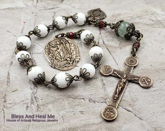 Easter Crown of Thorn Nails Lamb of God,Christ  is Risen Sacred Heart White Shell Fluorite Bronze Gemstone 1 Decade Rosary Tenner
