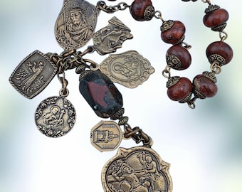 Blood of Jesus, Stigmata Saints Pio Francis Rita Gemma Chaplet| Bronze| Jasper