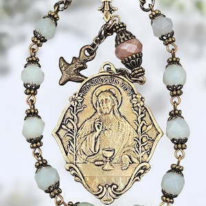 Sacred Heart, Sacraments & Mother Mary Chaplet- Bronze|White Jade|Large Medal