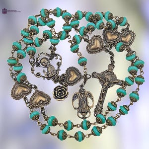 Virgin Mary & Lady of Lourdes Heirloom Hearts Rosary | Heritage Bronze| Aqua Opal