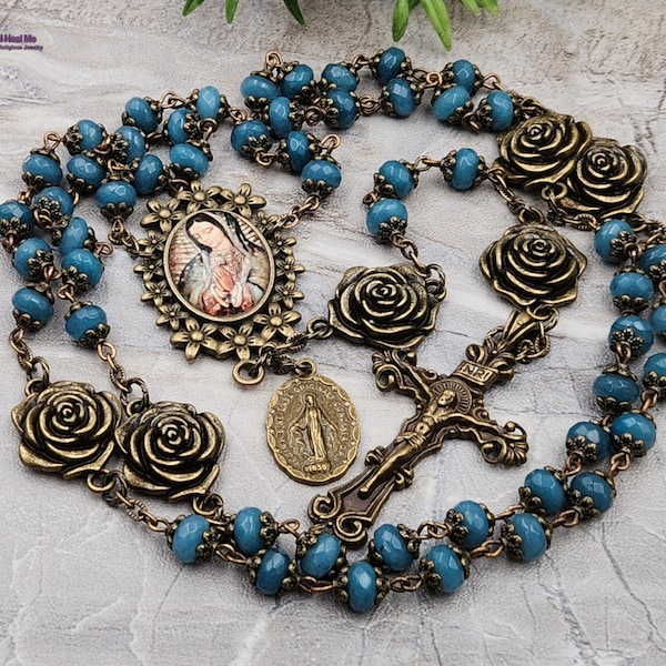 Lady of Guadalupe Miraculous Mary Roses Blue Jade Ornate Bronze Tone Rosary