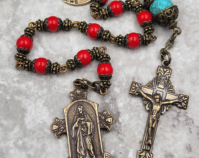 Jesus Holy Sacraments Lamb of God Red Coral Turquoise Vintage Bronze