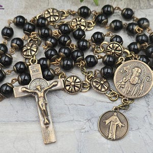 Masculine Antique-Style St. Benedict & Sacred Heart Rosary - Bronze, Black Onyx