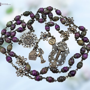 Holy Family, Gloria Deo & Angels Heirloom Rosary | Bronze | Purple Atlantisite