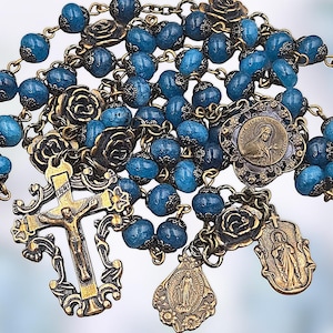 St Therese & Sacred Heart of Jesus Heirloom Rosary | Heritage Bronze| Blue Jade