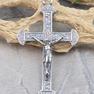 Sterling Silver IHS Ornate Floral Crucifix Pendant Necklace Medium |Christ Jesus