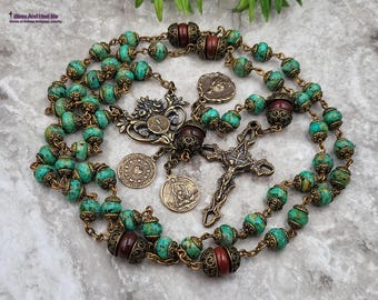 Healing Saints Lourdes Fatima Jude Raphael Rosary |Heritage Bronze |Turquoise