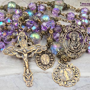 Crowned Mother, Lourdes, Miraculous Mary Rosary|Violet Swarovski Crystal |Bronze