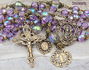 Crowned Mother, Lourdes, Miraculous Mary Rosary|Violet Swarovski Crystal |Bronze