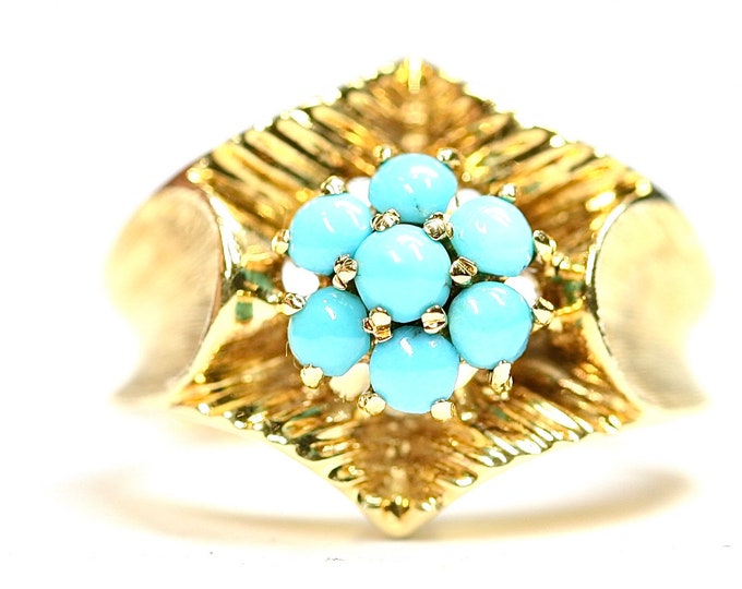 Fabulous heavy vintage 18ct yellow gold Turquoise statement ring - stamped 750 - size N or US 6.5 - 8.8gms