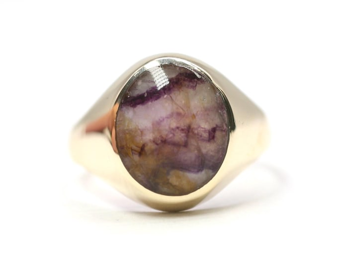 Vintage rare 9ct gold signet ring with Blue John - Sheffield 1987 - size P or US 7 1/2