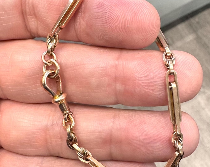 Antique 7 1/2 inch 9ct rose gold trombone and fetter link Albert chain  bracelet with dog clip - fully hallmarked