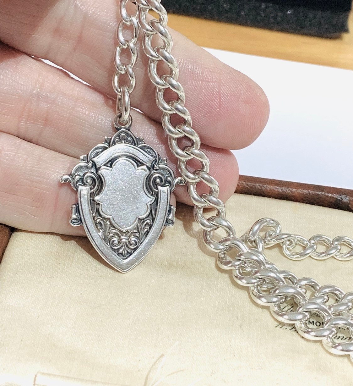 Superb antique Sterling Silver graduated Albert pocket watch chain and fob