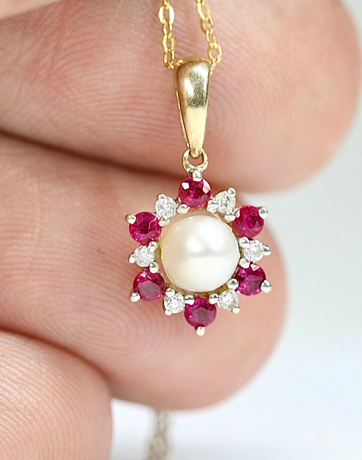 Vintage 9ct gold Pearl, Ruby & Diamond pendant 16 inch necklace - fully