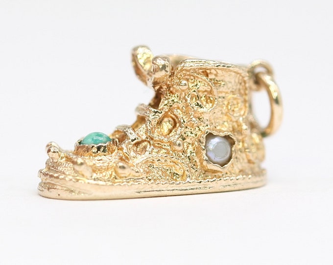 Vintage 9ct gold boot charm with Pearl & Turquoise - London 1965