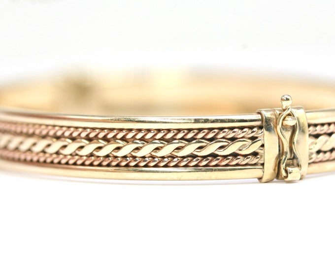 Superb vintage 9ct yellow and rose gold bangle - fully hallmarked - 15gms