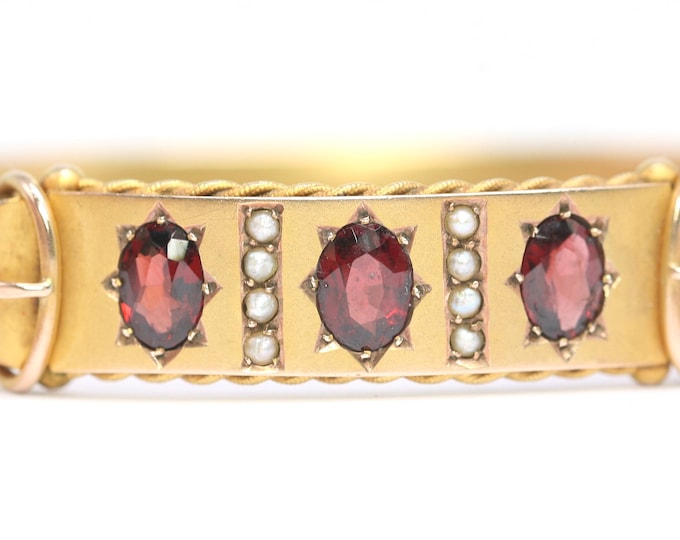 Fabulous antique 9ct gold Garnet & seed Pearl bangle