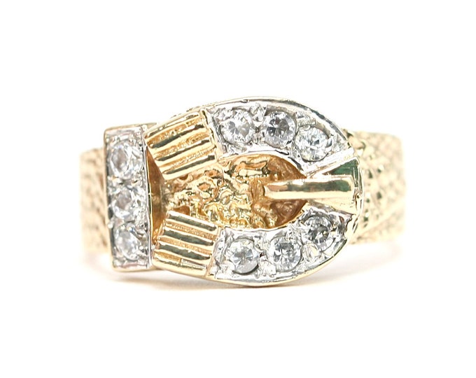 Superb sparkling vintage 9ct gold Cubic Zirconia buckle ring - Hallmarked Sheffield 2004 - size N or US 6.5 - 6gms