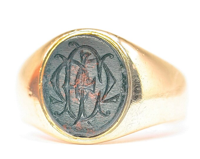 Stunning heavy Victorian 18ct gold Bloodstone signet / seal / pinky ring - hallmarked London 1898 - size L or US 5.5 - 8.7gms