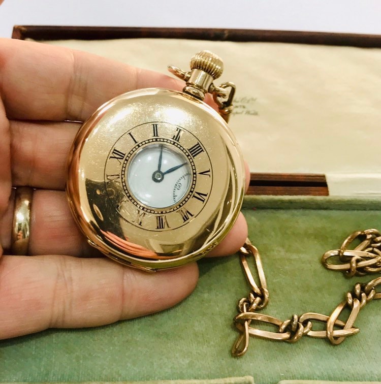 Superb antique Gold plated Half Hunter pocket watch & chain in full
