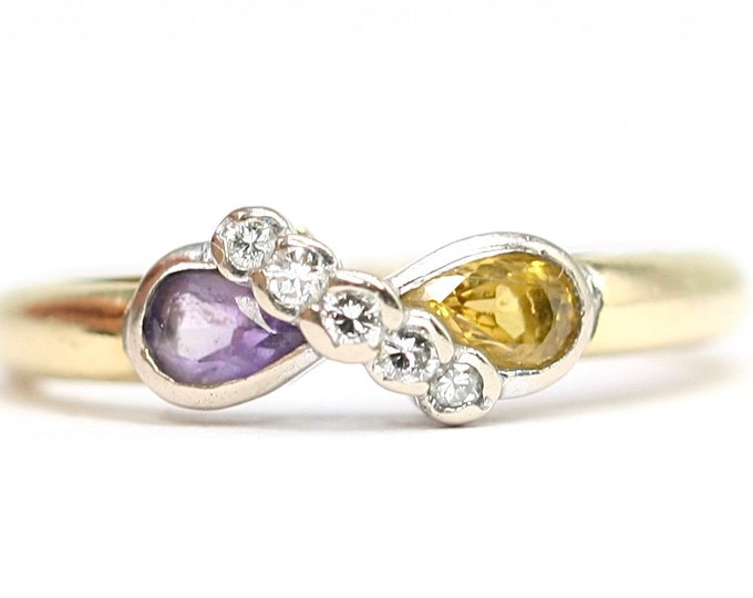 Superb vintage 18ct gold Diamond, Citrine and Amethyst ring - size J or US 4 1/4