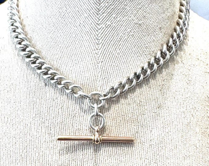 Antique 15 3/4 inch Sterling Silver Albert chain with 9ct gold t-bar pendant - Birmingham 1911 - 68gms