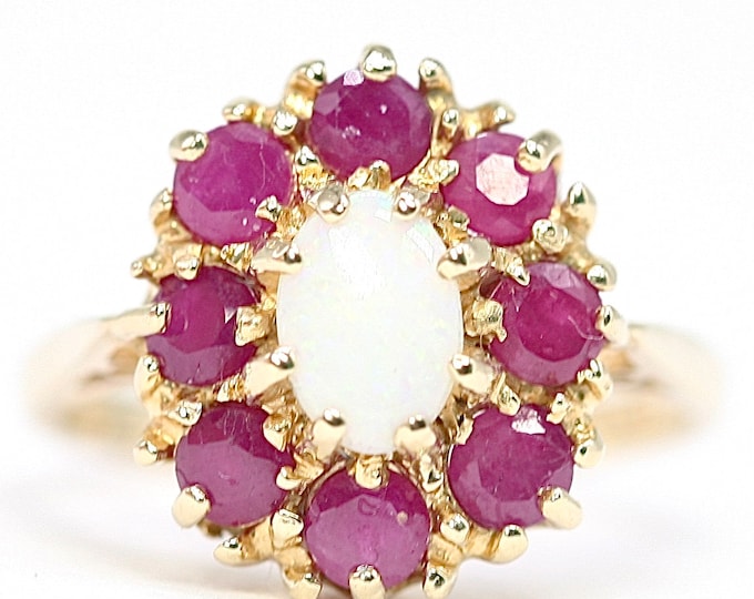 Superb vintage 14k / 14ct Opal & Ruby ring - fully hallmarked - size N or US 6 1/2