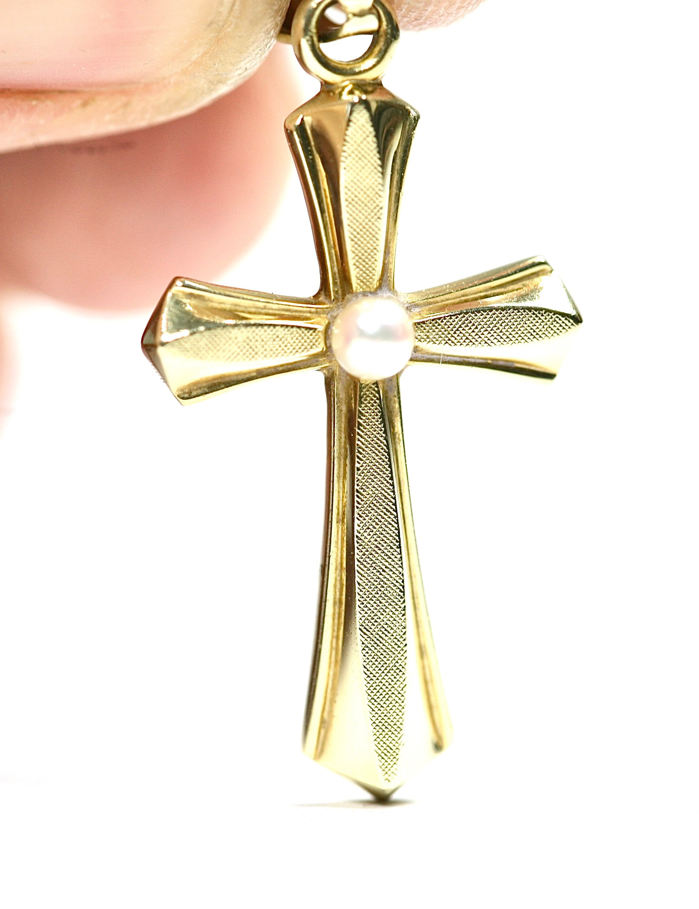 Superb vintage 14k yellow gold Cross pendant with cultured pearl ...