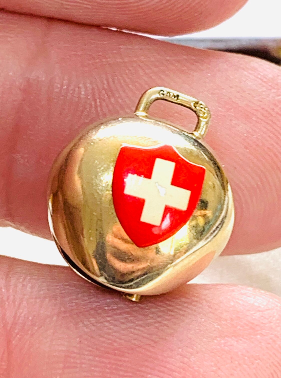 Stunning vintage 9ct gold enamelled Swiss cow bell charm fully hallmarked