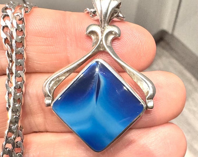 David Scott Walker - Superb 19 inch Sterling Silver Agate & MOP spinning fob pendant - Sheffield 2000