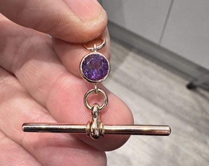 Antique 9ct rose gold t-bar pendant with Amethyst - hallmarked