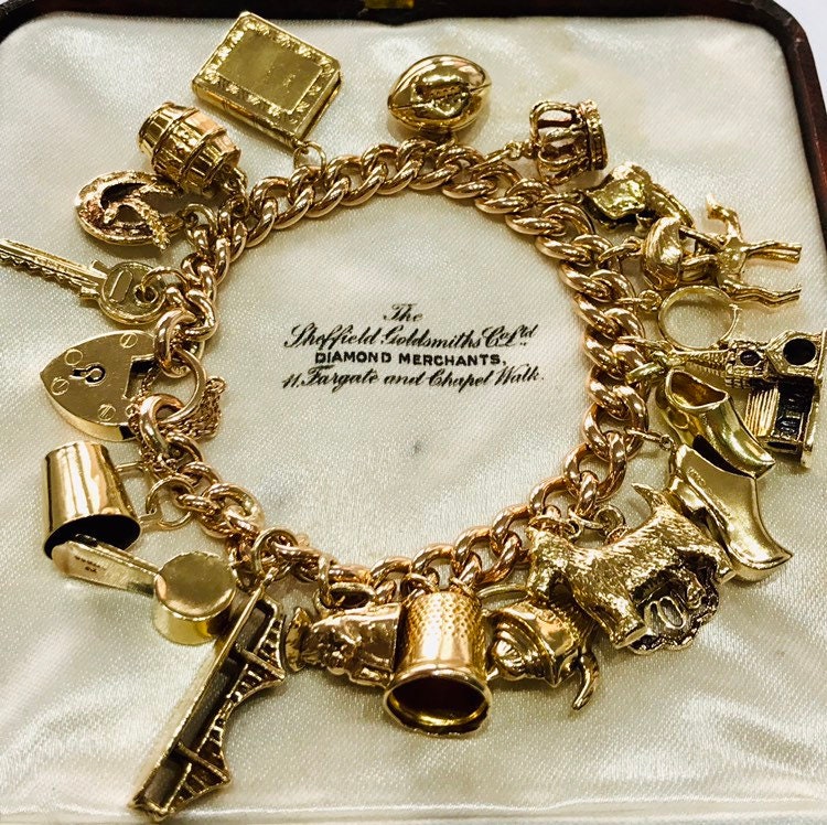 Superb heavy antique 9ct rose gold charm bracelet with 20 vintage gold ...