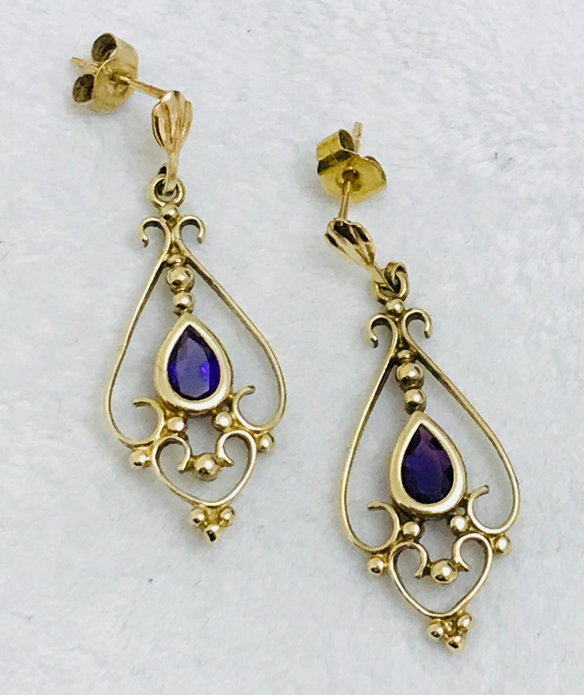 Stunning vintage Art Nouveau style 9ct gold Amethyst earrings
