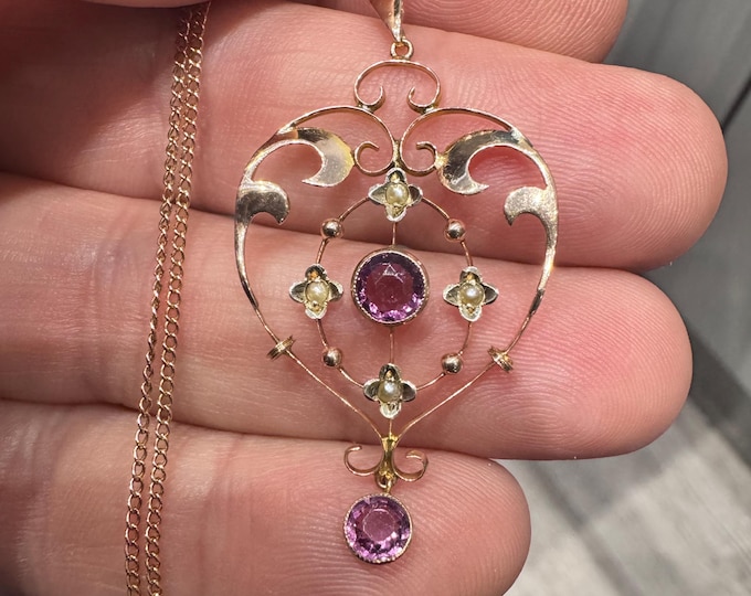 Edwardian 22 inch 9ct rose gold Amethyst and seed Pearl pendant necklace - stamped 9CT
