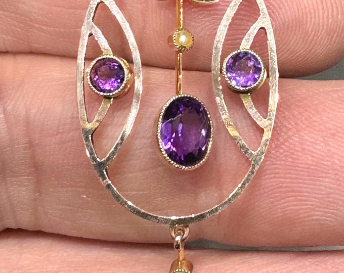 Stunning antique Art Nouveau 17 1/2 inch 9ct rose gold Amethyst and seed Pearl pendant necklace