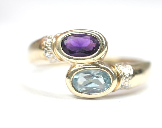 9ct gold Amethyst, Topaz and Diamond crossover ring - fully hallmarked - size L or US 5 1/2