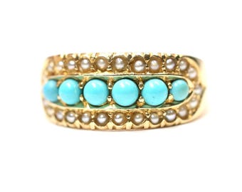 Victorian 18ct gold Turquoise and seed Pearl ring - hallmarked Birmingham 1884 - size K or US 5
