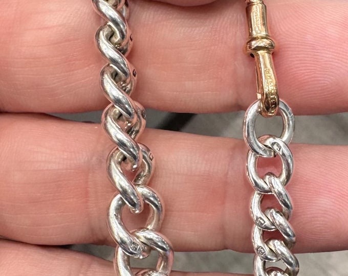 Superb antique 8 inch sterling silver graduated Albert bracelet with 9ct rose gold dog clip fastener
