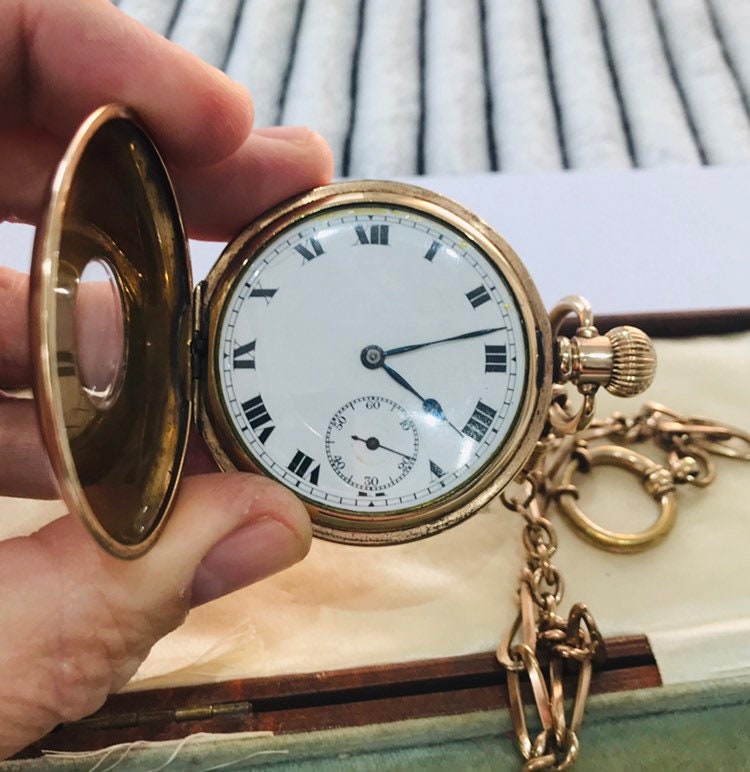 Superb antique Gold plated Half Hunter pocket watch & chain in full