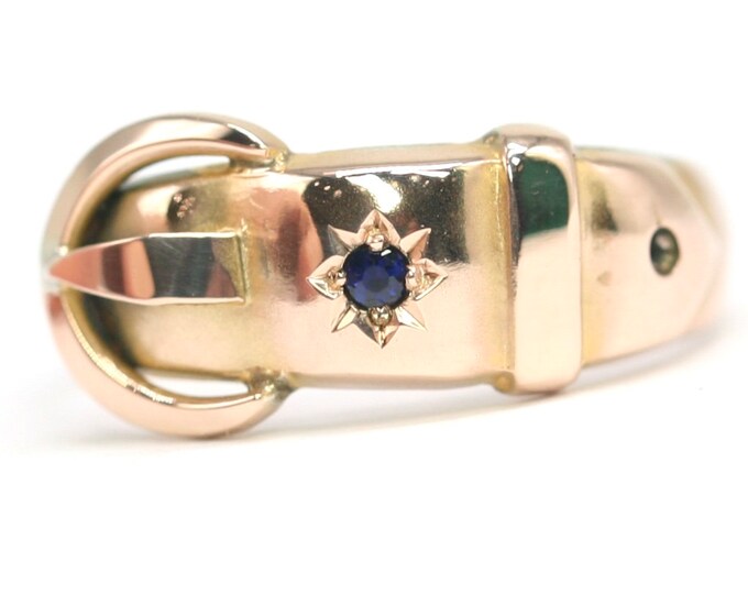 Antique 9ct rose gold Buckle ring with Sapphire - Chester 1912 - size P 1/2 or 7 3/4